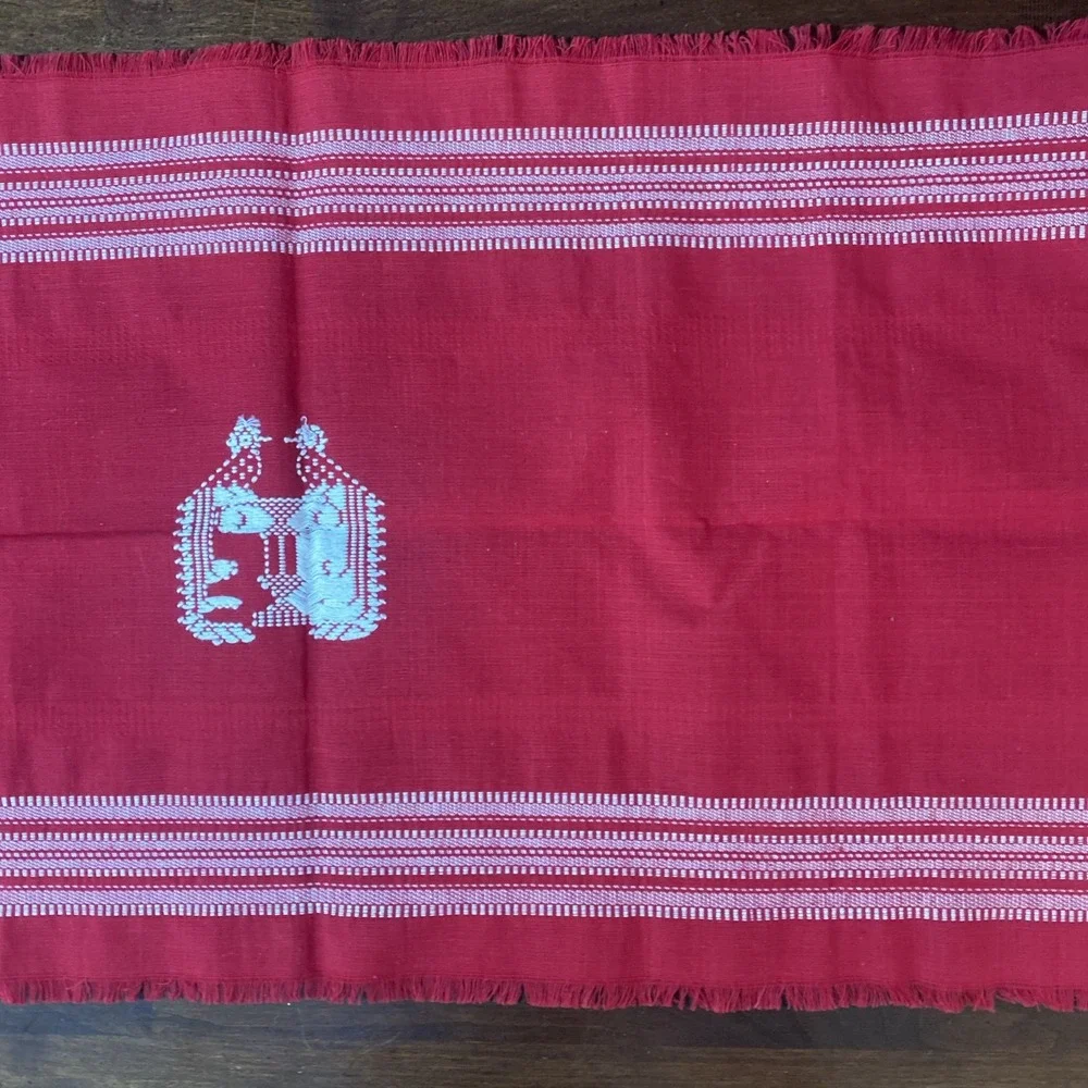 Vintage Woven Red Table Runner White Stripes Peacocks‎ Birds Fringe